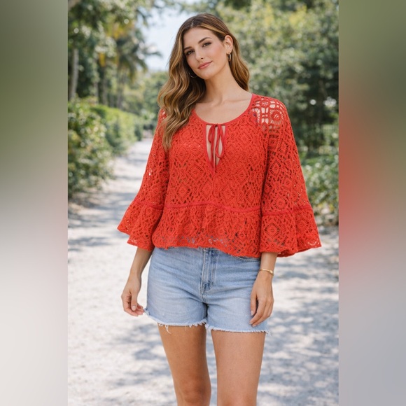 cinq a sept Tops - NWT Cinq a Sept Size 8 Crochet Orange Red Sweater Blouse Top New